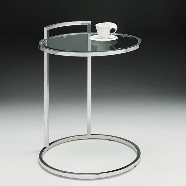 Wyvern circular side table, glass and steel, Julian Foye