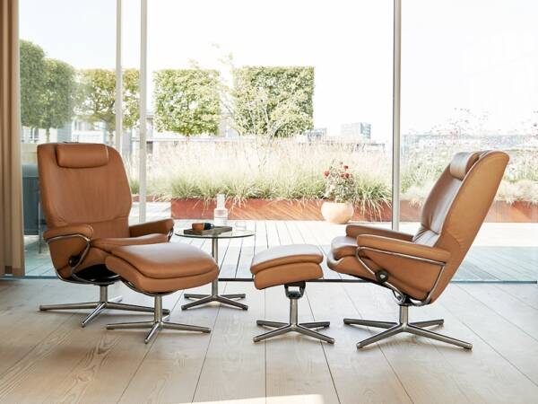 Stressless Rome recliner and stool in leather or fabric, Julian Foye