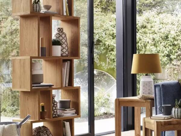 Remi oak shelves and coffee and lamp table, Julian Foye