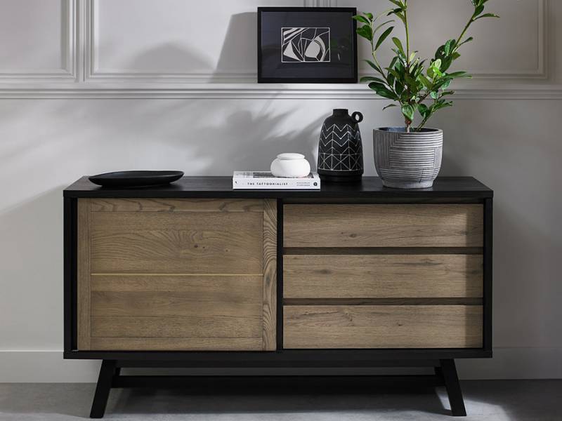 Cameron wide sideboard in weathered oak and peppercorn finish