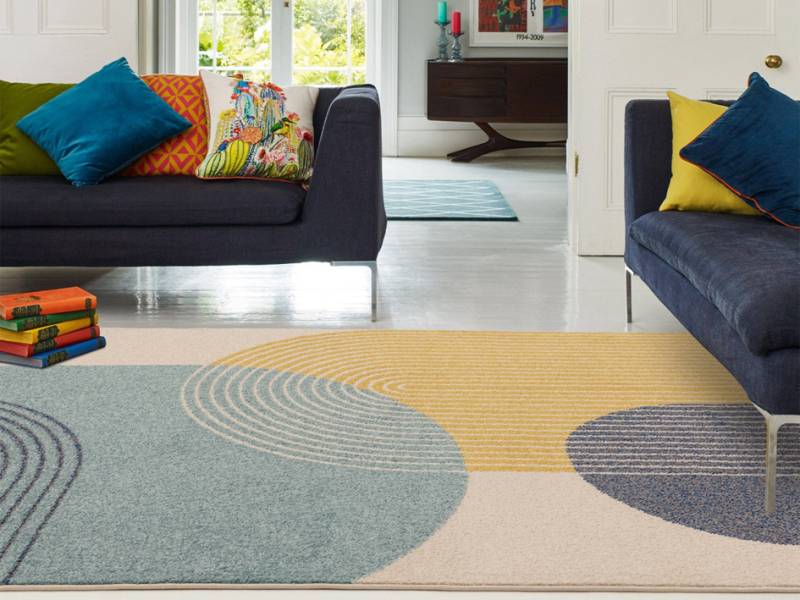 Muse Blue Retro rug in a living room
