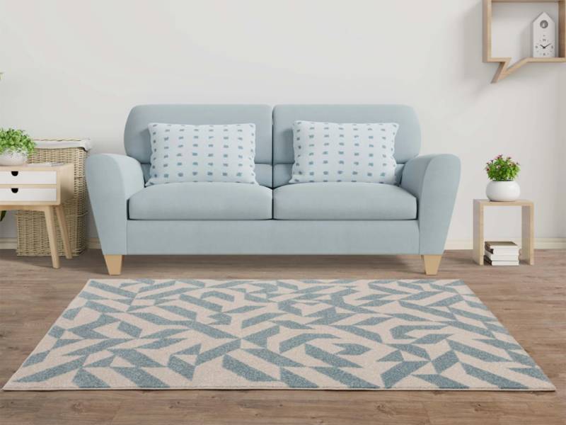 Muse Blue Shapes rug in a living room