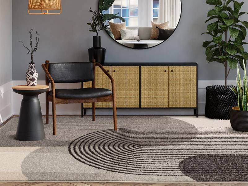 Muse grey retro rug in a living room