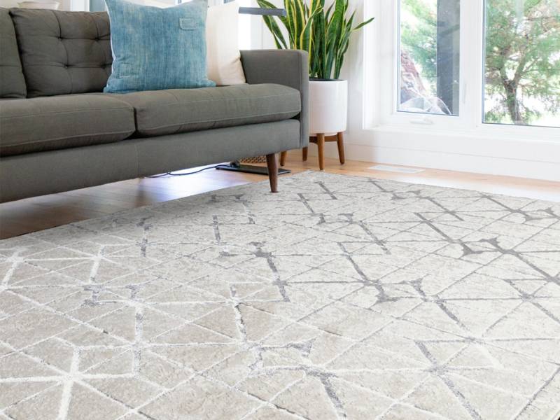 Aurora Lattice Metallic Silver rug in a living room