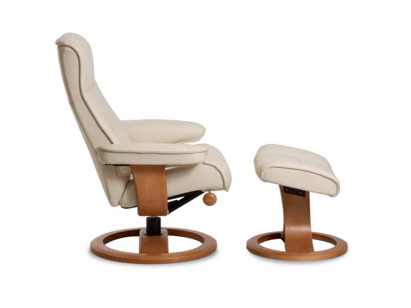 Nigel Recliner in cream leather colour and brown wooden details