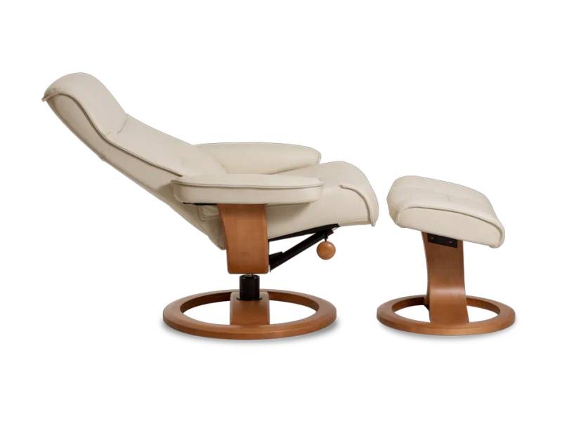 Nigel Recliner in cream leather colour and brown wooden details